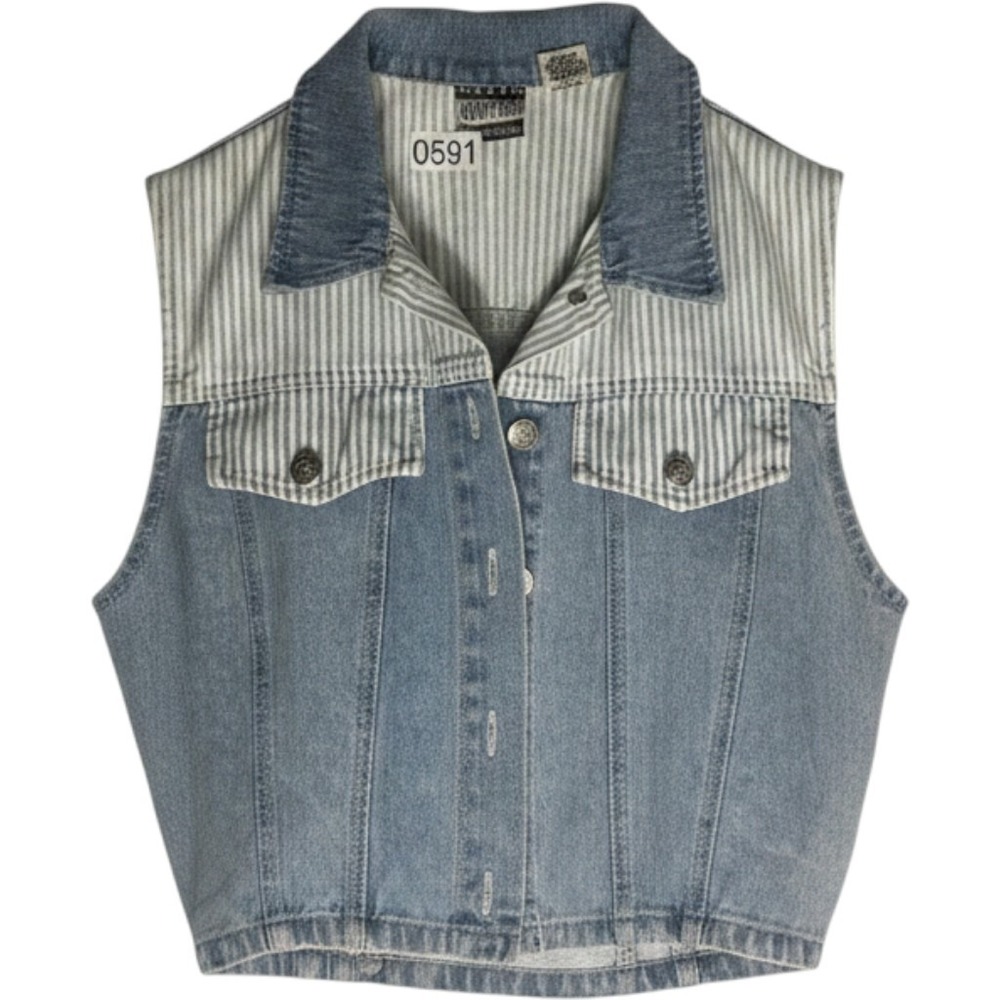 Vintage Nuovo County Seat Denim Vest Striped Mixed Media Light Wash Blue Medium
